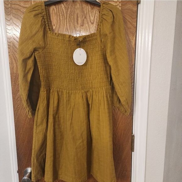 LOST + WANDER ecru olive 100% cotton smocked bodice minidress Size M - Picture 6 of 9